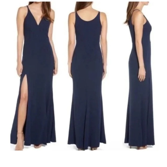 New Dress the Population Iris long midnight blue V-neck Dress with leg slit navy - Picture 4 of 13